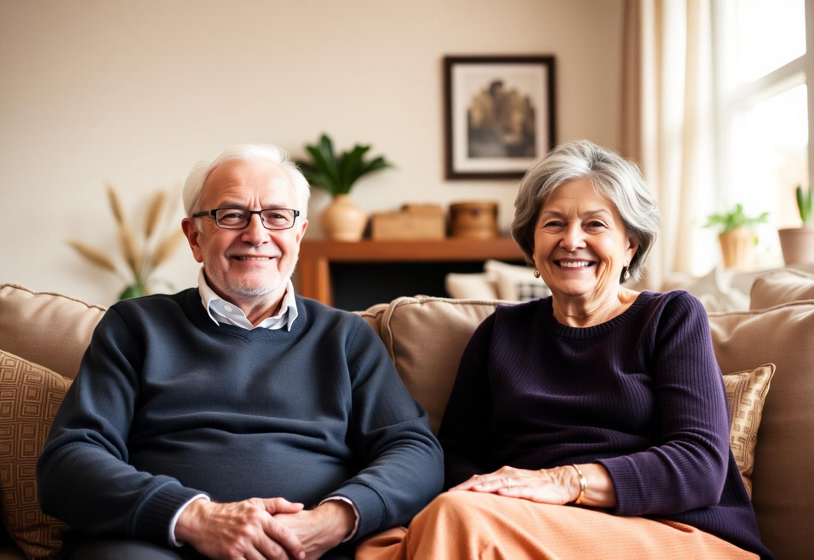 Un couple senior souriant assis dans leur salon lumineux